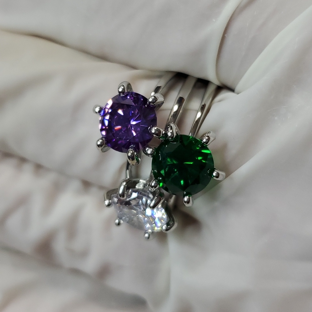 3/Glass Stone 6-Prong Silver Rings|Clear-Green-Purple|Single Cut Glass-Sz 9.5 - Picture 5 of 12